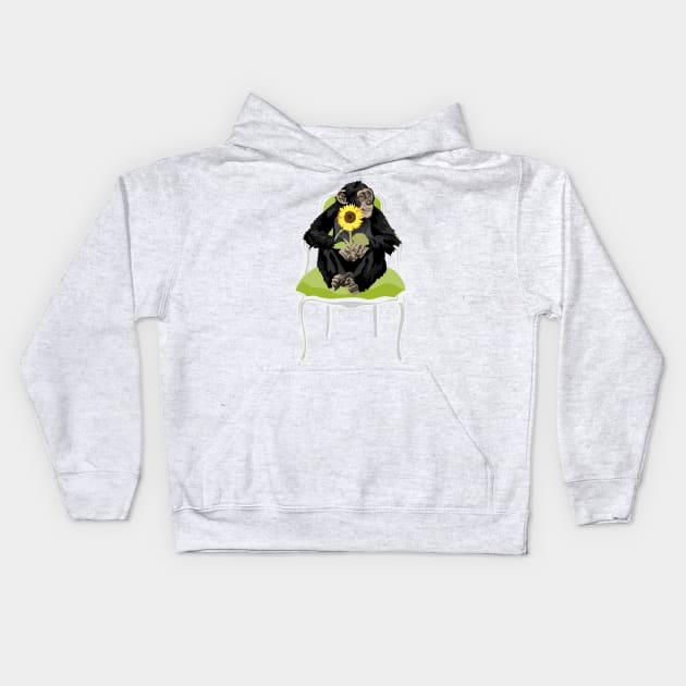 Chimp in a chair with a sunflower Kids Hoodie by TeriMartin